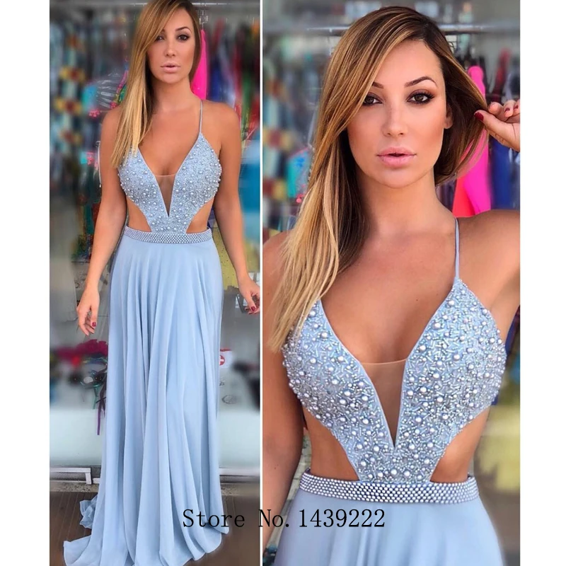 

Light Blue V Neck Chiffon Evening Dresses Prom Backless Pearls Arabic Vestidos De Fiesta De Noche Robe De Soiree Plus Size