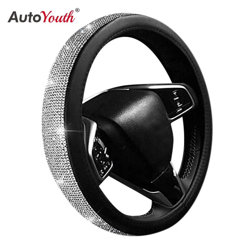 AUTOYOUTH Cystal Steering Wheel Cover with PU Leather Bling Bling Rhinestones Universal 15 Inch Auto Steering Wheel Black Silver|Steering Covers| - AliExpress