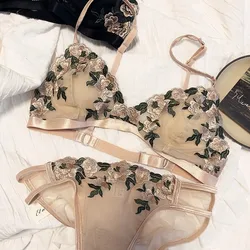 French thin embroidered push up bra and panty mesh triangle cup no steel ring big breasts small top support bralette sexy linger