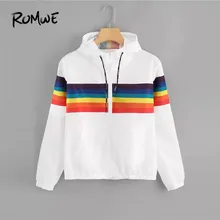 Romwe Спорт Цвет-Block(цветовой блок), в полоску, с капюшоном, для детей ветрозащитная куртка Для женщин осеннее платье с длинными рукавами со шнурком кофта для бега на молнии куртки осень-зима