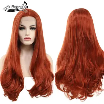 

MS Fashion 24 in Orange Pink Lace Wig Long Natural Wavy Middle Part Synthetic Lace Front Wigs For Women Heat Resistant Glueless