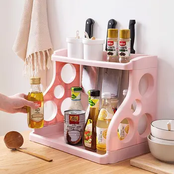 

Multifunctional 2 Layer Storage Rack Kitchen Sauces Knife Organize Kitchen Accessories No Need Drilling Holes Condiments Storage