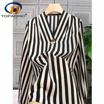 

1.11 2020 Early Spring New Fashion V-neck Button Decoration long sleeve Stripe Temperament Silk Blouse Women