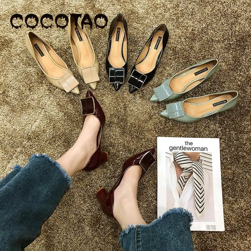 Koop Fall 2019 Nieuwe Dikke Hakken Puntige Ladie Met Ondiepe Mond Joker Hoge Hakken Vierkante Gesp Schoenen Mode Schoen Vrouwen Zomer hakken