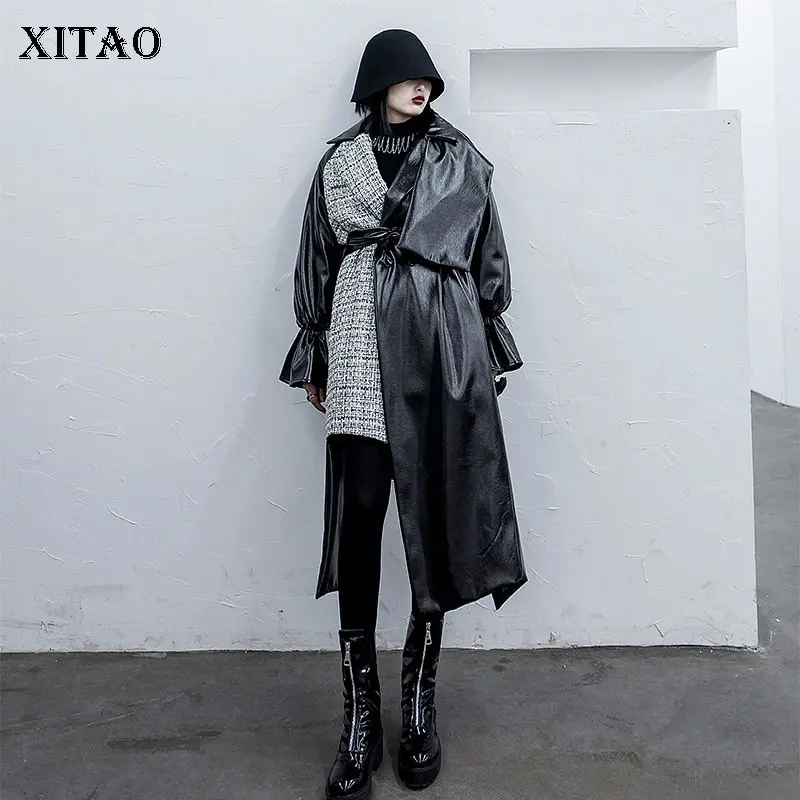 

XITAO Irregular P U Faux Leather Women Fashion Long 2019 Winter Bandage Patchwork Plaid Small Full Sleeve Long Coat DMY1063