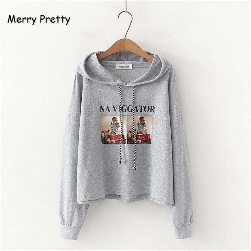 Merry Pretty Хлопковые женские короткие толстовки с капюшоном с мультипликационным принтом Харадзюку зимние спортивные костюмы с длинным рукавом и завязками