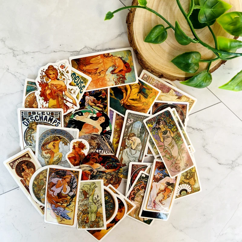 38PCS Mucha Oil Painting Art eco-friendly Car Stickers For Suitcase Skateboard Mac Windows Decorate Accessories | Автомобили и