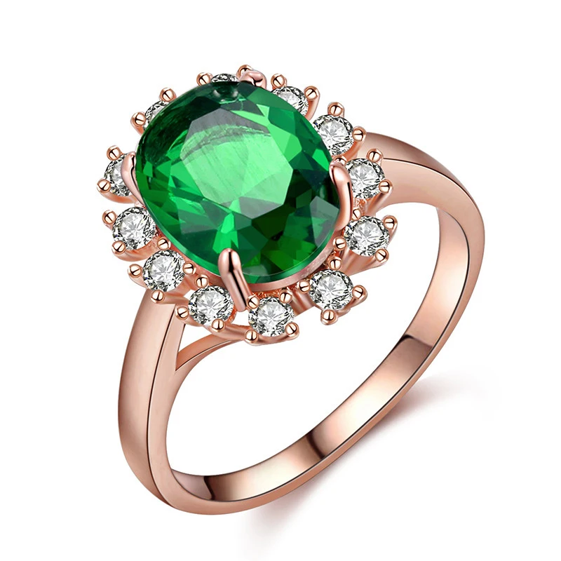 585 Gold Color Vintage Green Stone Rings for Women Luxury Rhinestone Wedding Engagement