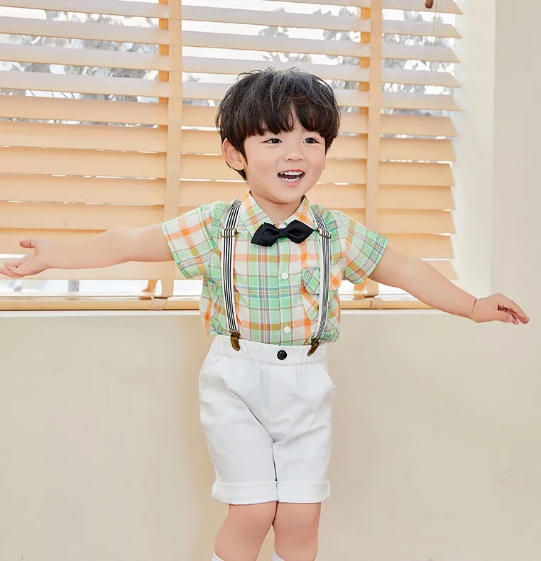 

Boys 1 Birthday Photograph Suit T Shirt +Shorts+Suspender+Tie 4PCS Clothing Set Kindergarten Kids Dres Children Chorus Costume