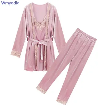 

Wmyqdlq Pyjamas Women Autumn Long-Sleeved Suit Sexy Sling Lace Home Wear Can Be Worn Outside Three-Piece Gold Velvet Suit Pijama
