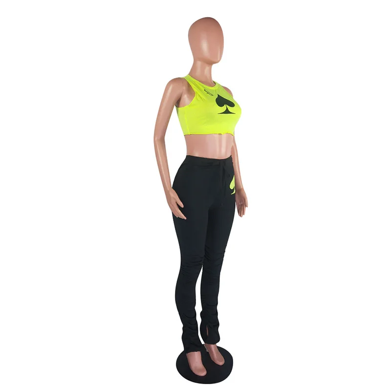 Kricesseen Sexy Black Poker Printed Two Piece Pant Set Women Sleeveless Tank Top And Long Pant Suits Matching Set Outfits