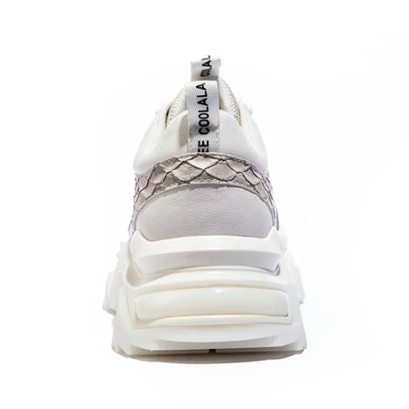 Taoffen Ladies Genuine Leather Thick Bottom White Sneakers Spring Autumn Round Toe Fashion Shoes Woman Breathable Size 35-40