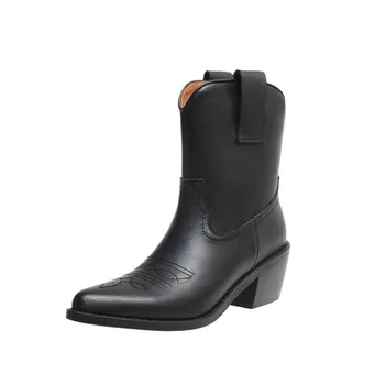 

Autumn 2020 and Winter Pointed Toe Women's Ankle Boots Retro Western Chelsea Boots High Heel Boots Embroidered Chunky Heel