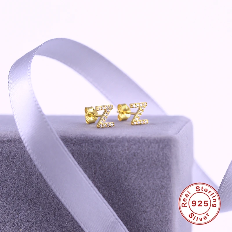 CANNER Small 925 Sterling Silver Alphabet Stud Earrings for Women Exquisite Zircon Cartilage Piercing 26 Letter Earings Jewelry