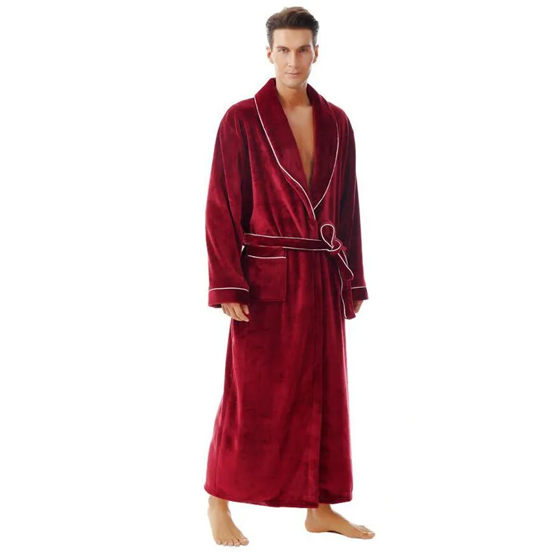 

Long Winter Kimono Bathrobe Men Thicken Flannel Robe Gown With Pocket Nightgown Loose Coral Fleece Sleepwear Intimate Lingerie