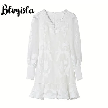 

Blvyisla High Quality Retro Embroidery Lotus Mini Dress Full Sleeve Leisure Elegant Spring Summer Party Dresses