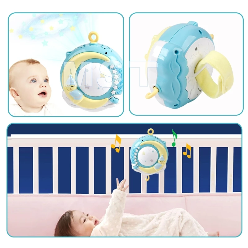 Baby Hanging Rattles Mobiles Toy Holder Rotating Crib Bed Bell With Music Box Projection For 0 4