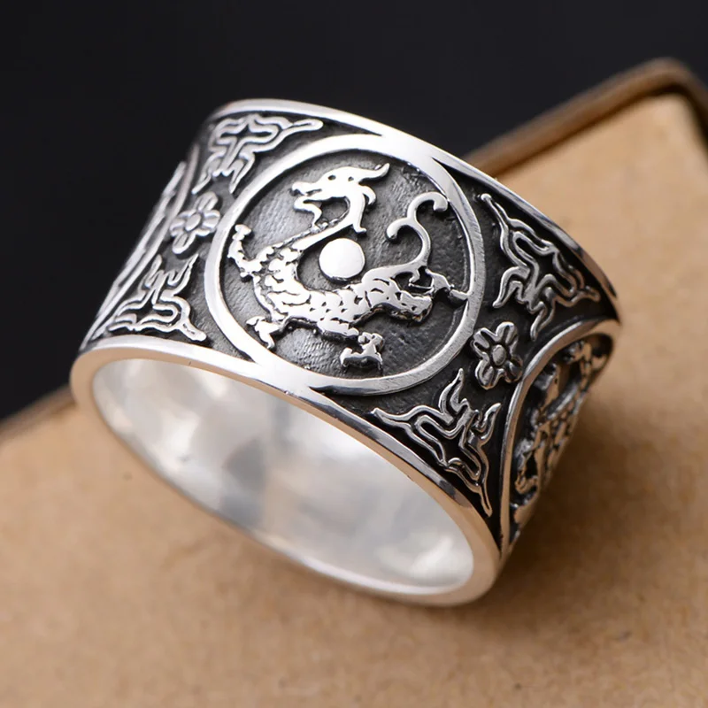 Винтажное мужское кольцо из серебра 999 пробы, 4 животного, дракон, тигр, птица, черепаха, Китайская традиционная культура, чистое серебро, ювелирное изделие