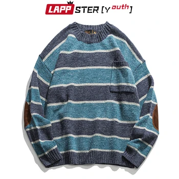 

LAPPSTER-Youth Men Patchwork Vintage Striped Sweater 2020 Mens Winter Blue Sweater Pocket Women Oversized Kpop Fashiosn Clothing