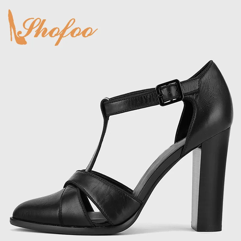 

Shofoo Black Women Point Toe High Square Heels Mary Janes Pumps Large Size 12 15 Buckle Strap Summer Fashion Casual Shoes 2021