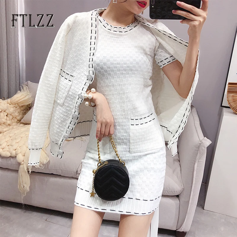 

Woman Knitted Two Piece Set New 2019 Spring Autumn Short Jacket Coats + Bodycon Dress Sutis Women Elegant Outfit Clothes