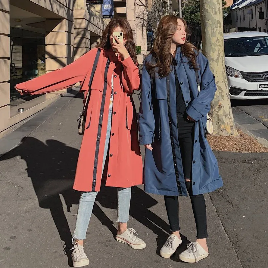 

Photo Shoot CHIC Korean-style Contrast Color Webbing Joint Hooded Workwear Trench Coat Women's Mid-length Waist Hugging Lace-up