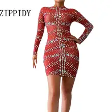 AB Стразы, красное Сетчатое мини-платье, женское платье для выпускного, дня рождения, празднования, наряд для сценического танца, вечернее платье для певицы