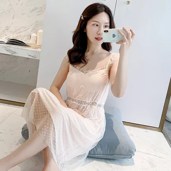 

Satin Sleepwear Intimate Lingerie Pink Home Dressing Gown Women Sleep Set Nightwear Cute Nightdress Lace Homewear Nightgown