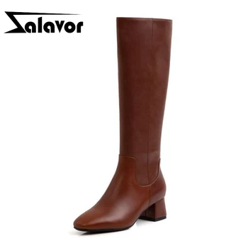 

ZALAVOR Ladies Chunky Heels Knee High Boots Real Leather Winter Brand Retro Warm Long Boots Pointed Toe Fashion Shoes Size 34-39