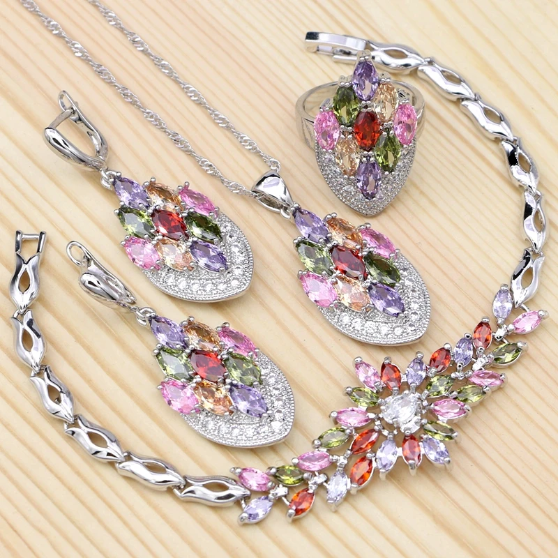 925 Silver Jewelry Sets For Women Wedding Multicolor Cubic Zirconia