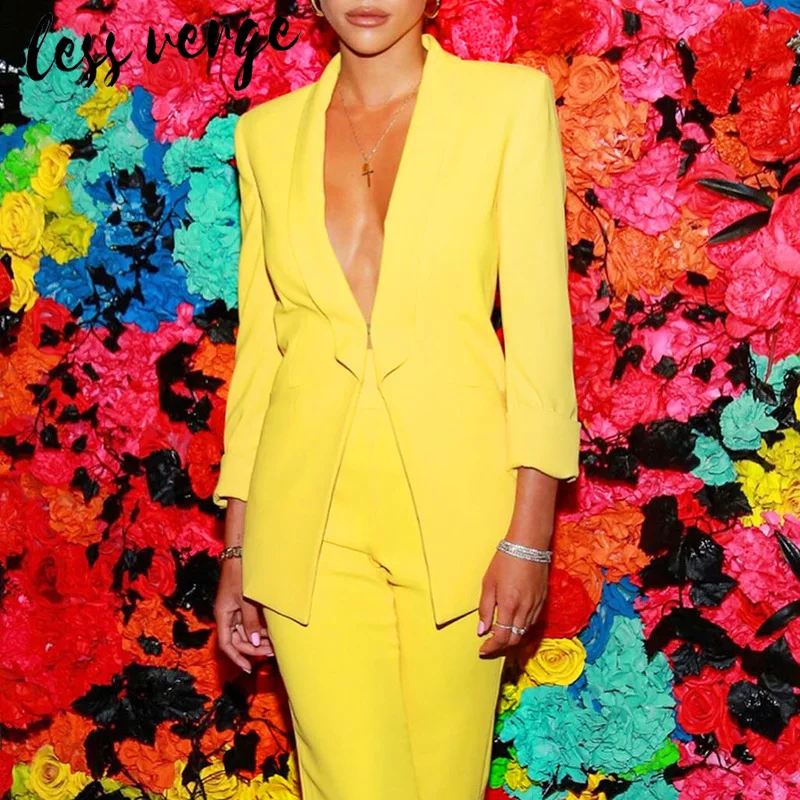 

lessverge OL work 2 piece set women Blazer jacket and pants suit Solid office ladies v neck blazer coat trouesrs two piece suits