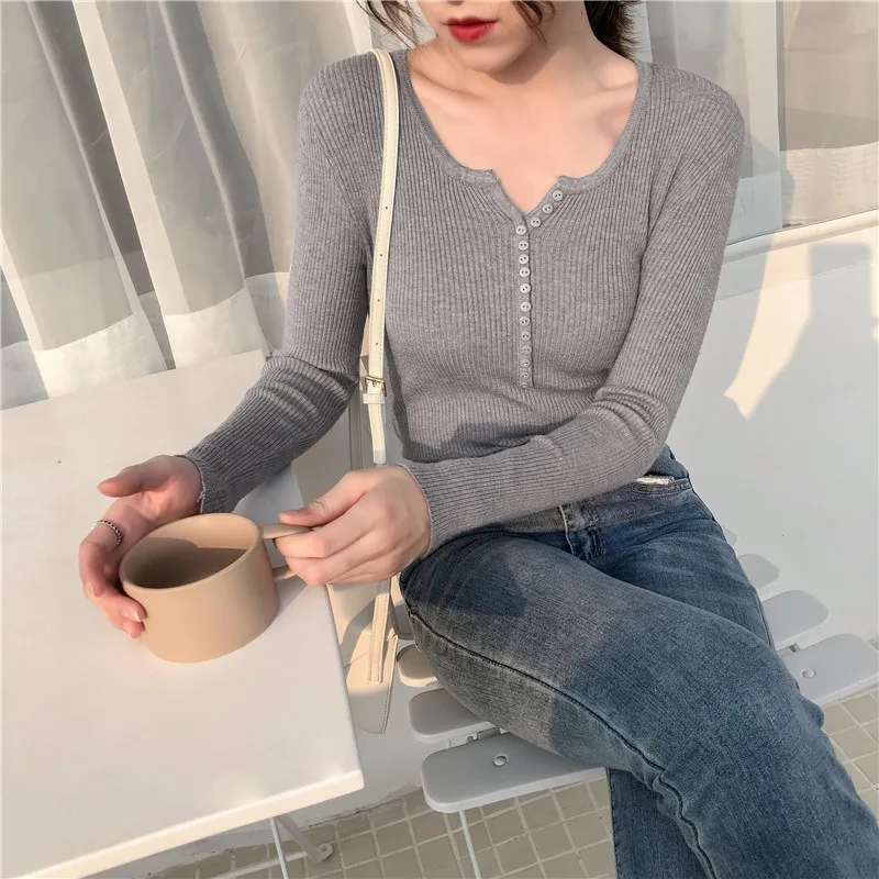 

2020 Autumn Winter Button V Neck Sweater Women Basic Slim Pullover Women Sweaters And Pullovers Knit Jumper Ladies Tops