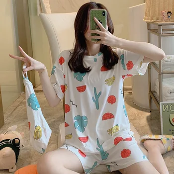 

Foply Women Pajamas Set 2020 Short Sleeve Homewear Polyester Sleepwear 3Pcs Nightwear for Women Sleepwear Short Pant Cloth Bag