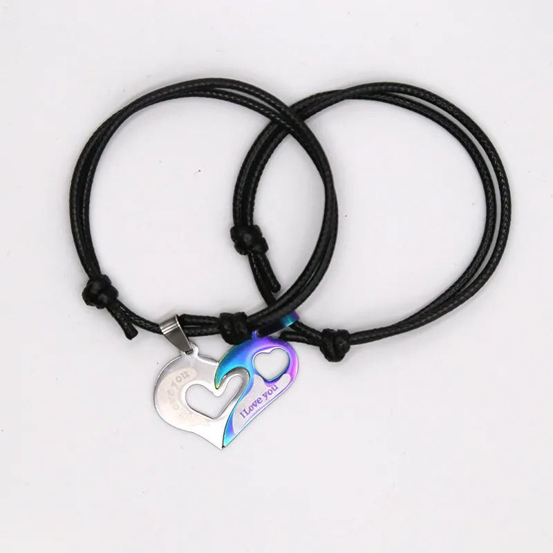 New Couple Bracelets for Lovers Colorful Stainless Steel Two Halves Heart Charm Paired Bracelet Fashion Jewelry Gifts - Окраска металла: colorful