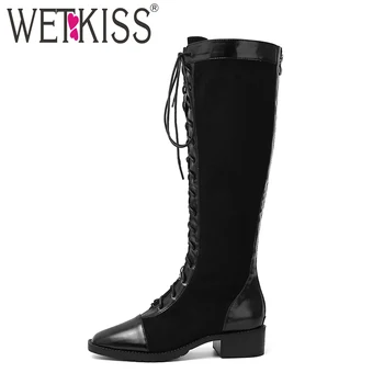 

WETKISS Thick Heels Boots Women Motorcycle Boot Female Knee High Shoes Ladies Square Toe Cross Tied Shoes Winter Plus Size 43