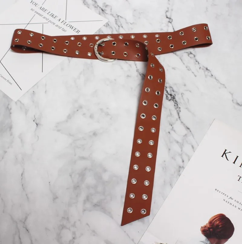[YaLee] New Fashion Summer Autumn Metal Round Pin Buckle Eyelet Rivets PU Leather Long Girdle Wide Waist Belts Woman N240 - Цвет: camel