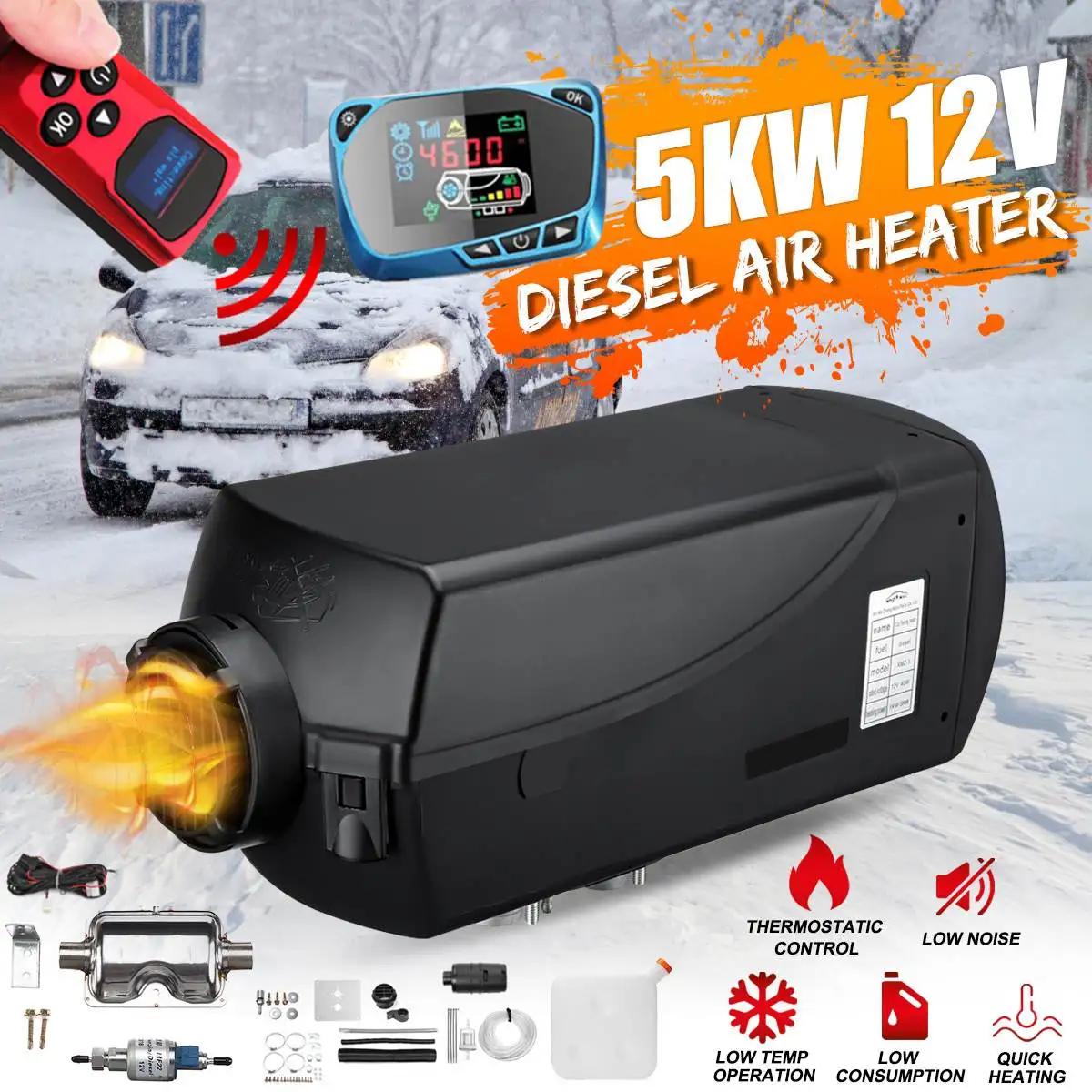 1KW-5KW Регулируемый автомобиля 12V нагреватель воздуха dissels стояночный отопитель для Truck лодка автобус+ ЖК-дисплей цифровой переключатель+ Пульт ДУ+ глушитель