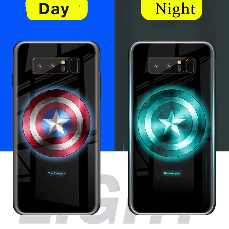 Чехол из закаленного стекла с изображением Мстителей Marvel для samsung Galaxy S10 5G Plus S10E S8 S9 Note 8 9 10, светящийся Темный светодиодный чехол для телефона с изображением Железного человека