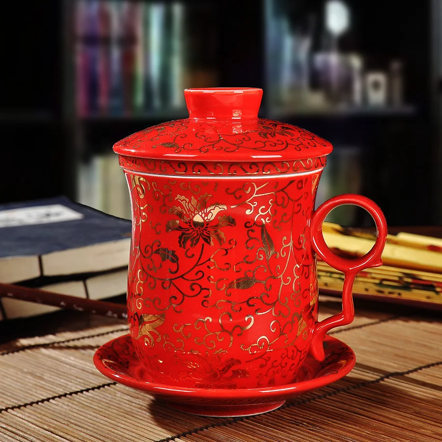 Jingdezhen подвески-талисманы в китайском стиле чашка с керамическая крышка фильтр четыре части набор китайский стиль чашка для воды офисная чашка босса