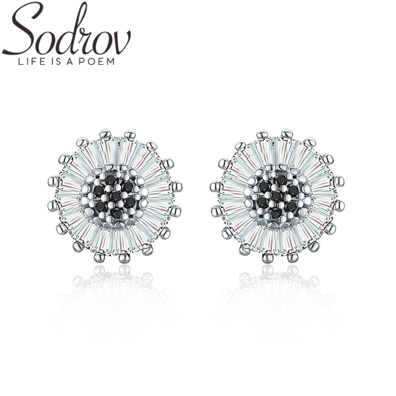 

SODROV 925 Sterling Silver Jewelry Black Spinel Engagement Stud Earrings for Women Classic Flower Bijoux I013