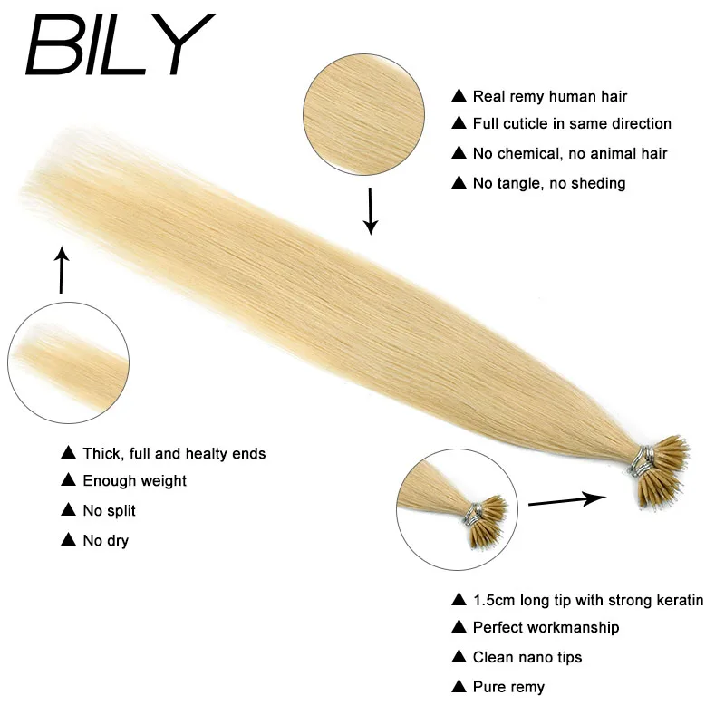 BILY Nano Rings Micro Beads 100% Real Human Hair Extensions Machine Remy Hair 20" 1.0g/s 50g 20 Colors Natural Straight hair