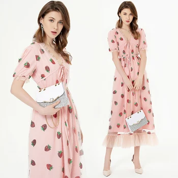 

S-XXL Strawberry Sequined Embroidery Dress Women V-Neck Puff Sleeve Bow Cute Cascading Ruffles Pink Mesh Long Dress Plus Size