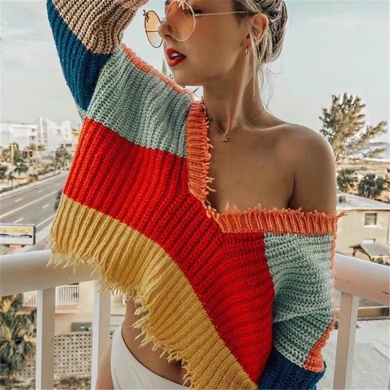 

Women Stripe Colorful Sweater Autumn New Ruffled Ribbed Trims Sleeve Knitwear Casual Pullover Female Chic Jumper 2020 Clothes