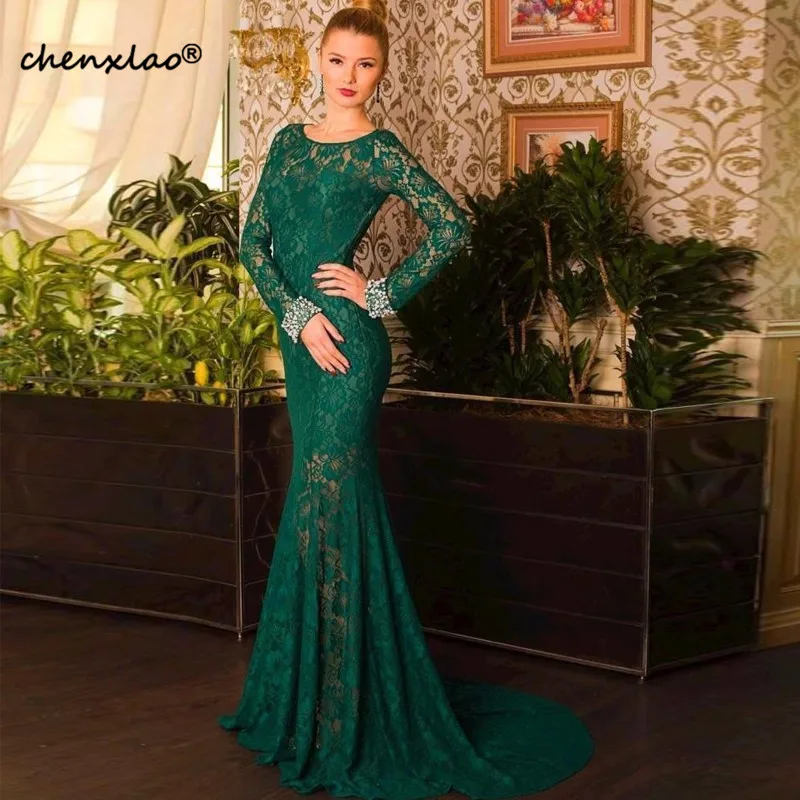 Same as image Abendkleider Vestidos De festa новейшее Дубай Изумрудное вечернее платье платья Русалка Стиль Длинные рукава вечерние кружевные платья - Цвет: Same as image