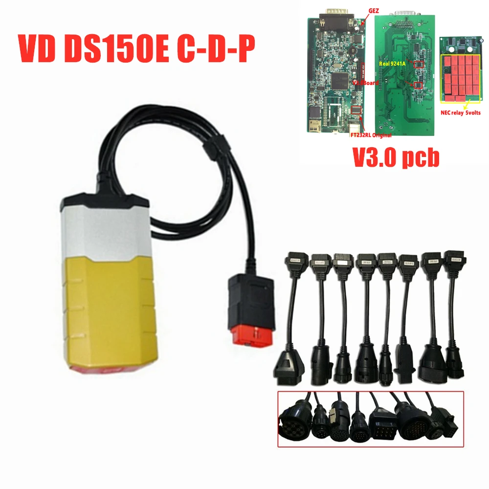 Полный набор автомобильных грузовых кабелей для нового vci vd ds150e c-d-p для delphis с Bluetooth. R0/2015R3 keygen obd obd2 сканер с коробкой - Цвет: without bluetooth