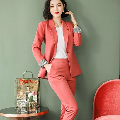 Red Pant Suit Женские костюмы со штанами, повседневный блейзер с воротником и длиной до щиколотки, комплект из 2 предметов, осенне-зимний костюм в абрикосовых тонах синего, розового и желтого цветов - Цвет: Red Pant Suit