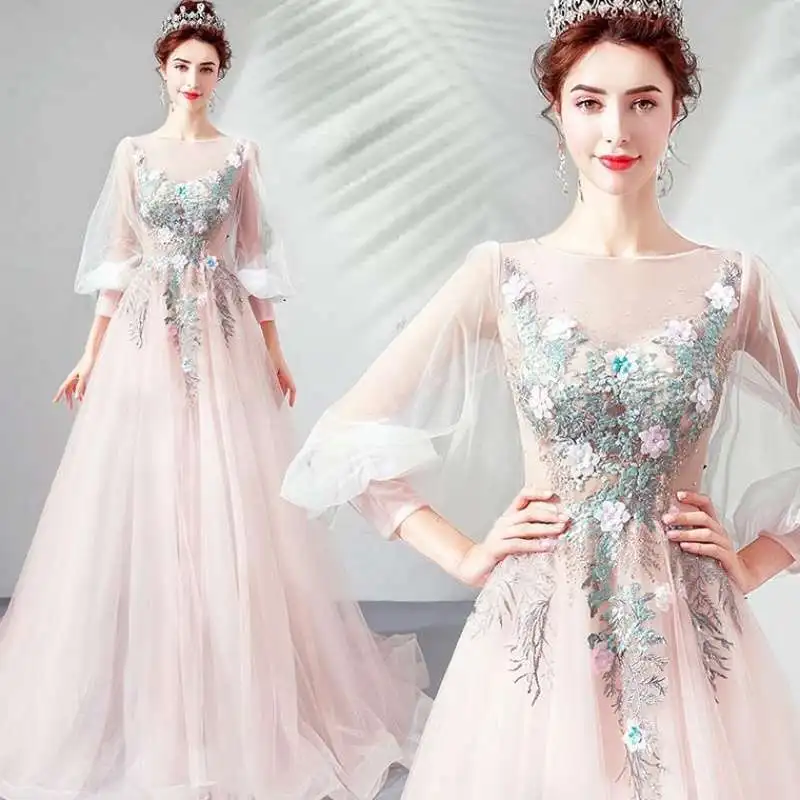 Peach Powde O-Neck Sexy Beaded Evening Party Dress Formal Embroidery Women Full Length Prom Gown A-Line Oversize 3XL | Тематическая
