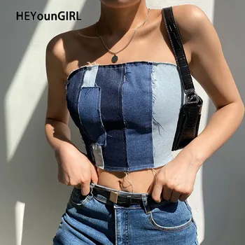 

HEYounGIRL Lace Up Backless Sexy Jeans Tube Tops Women Patchwork Strapless Denim Boob Crop Tops Tees Sleeveless Y2K Streetwear