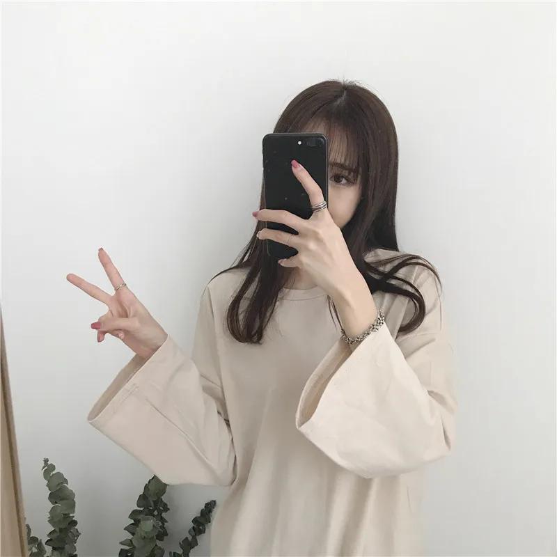 Harajuku однотонные свободные футболки с длинным рукавом женские милые яркие цвета футболка корейский стиль простой дизайн женские модные футболки топы