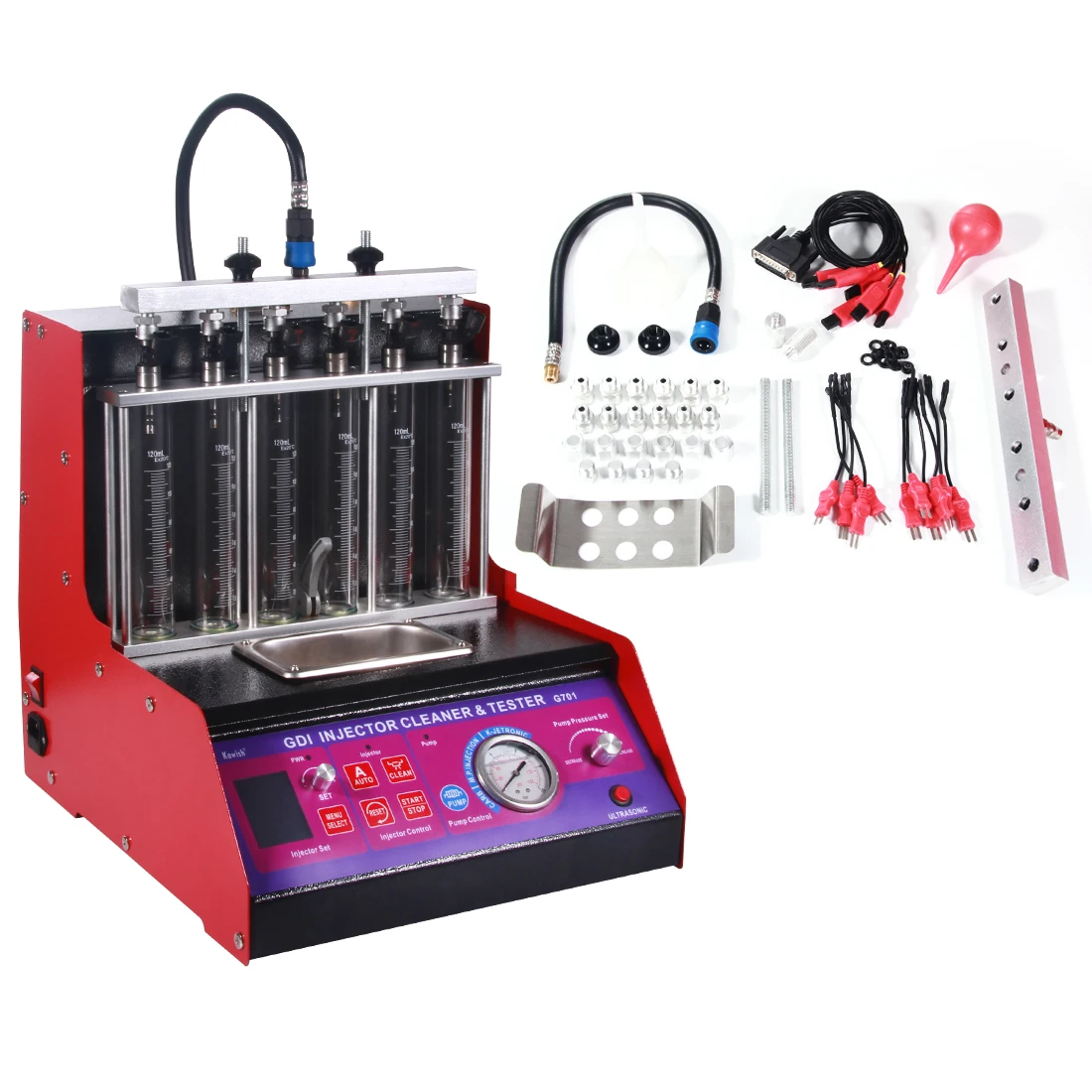 

Тестер и очиститель инжектора Kawish G701 GDI, 6 шт., форсунки для промывки автомобильного топлива, ультразвуковой очиститель инжектора для мотоцикла